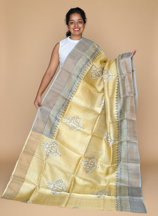 Yellow and Grey Tussar Silk Saree with Prints