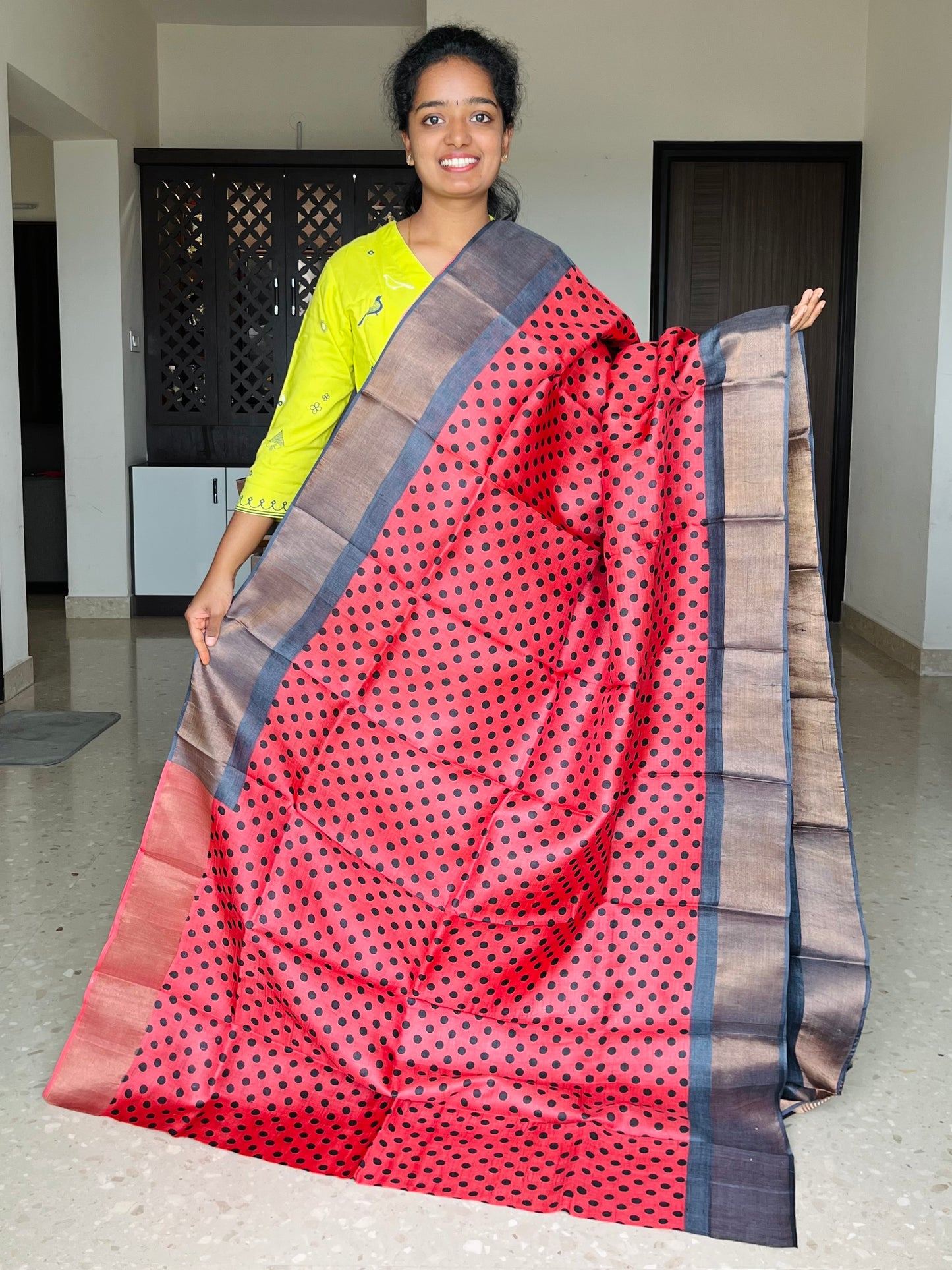 Red and Black Tussar Silk Saree with Prints