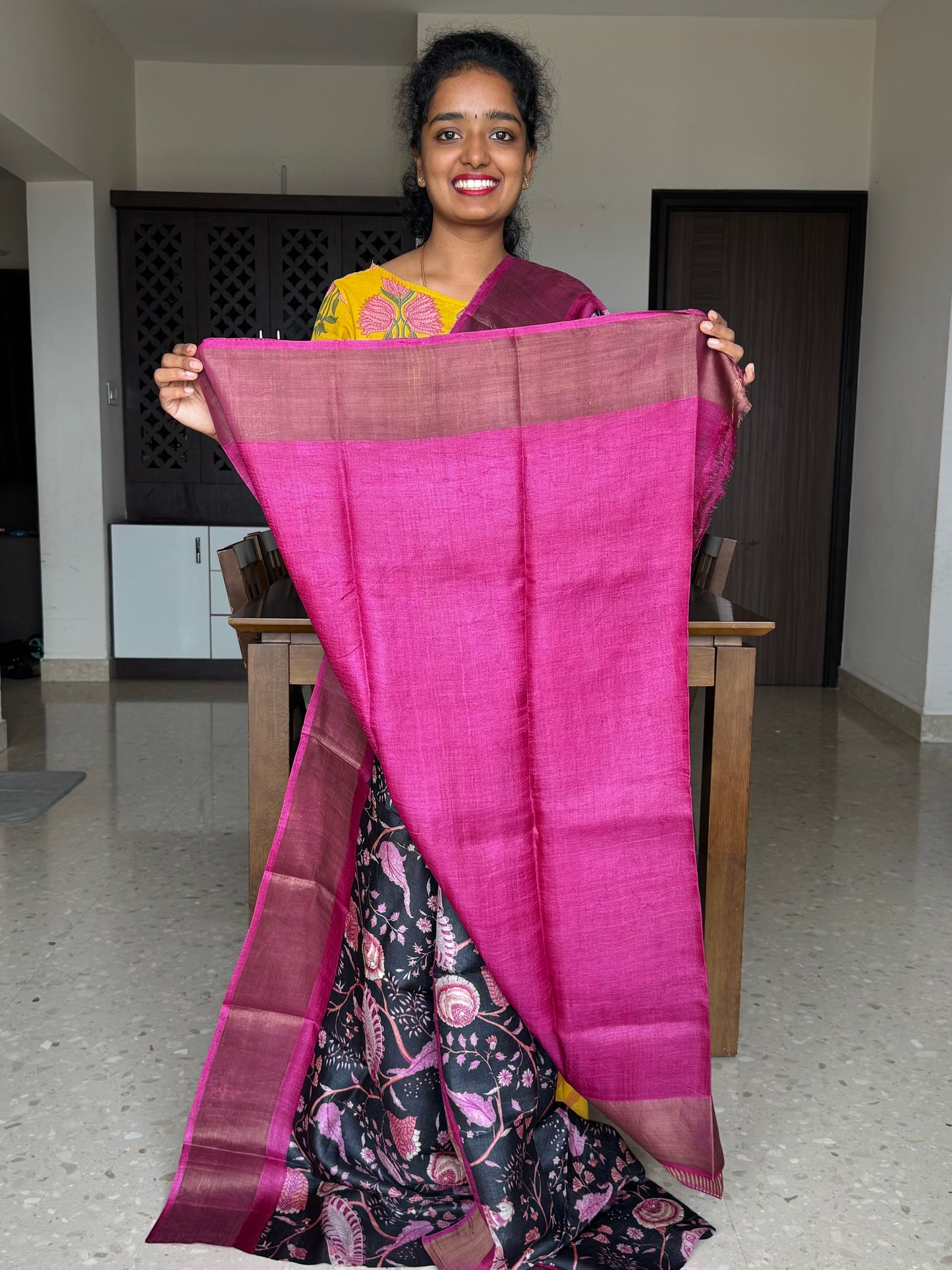 Black and Pink Tussar Silk Saree with Prints