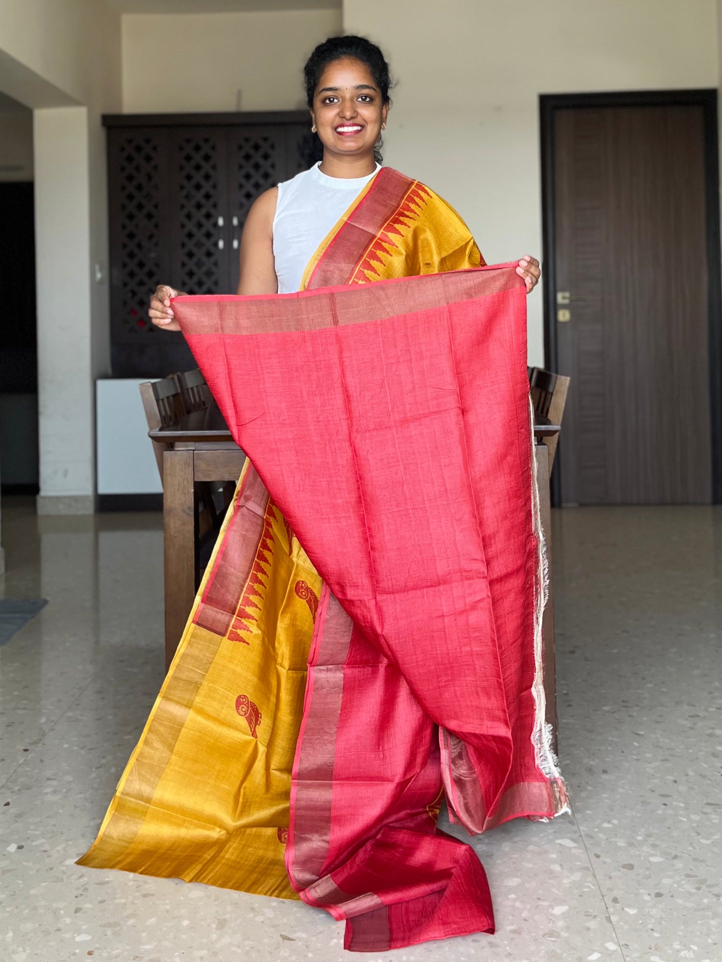 Yellow and Red Tussar Silk Saree with Prints
