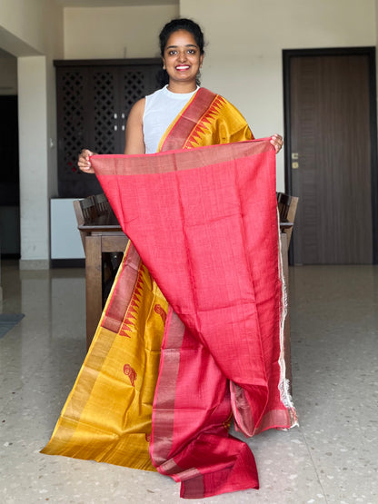 Yellow and Red Tussar Silk Saree with Prints