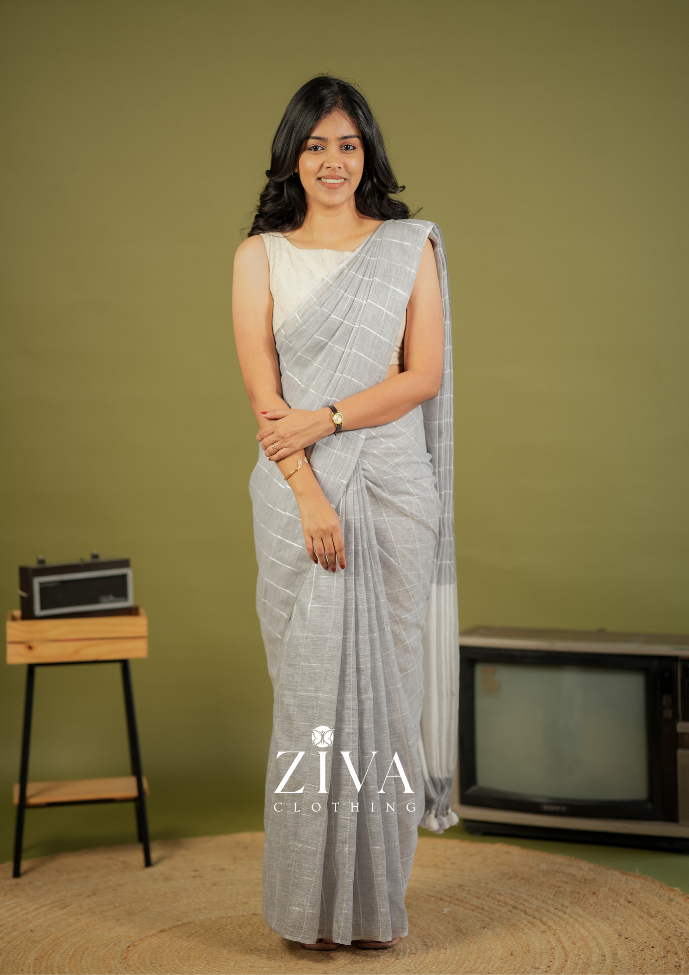 Grey Linen Saree Woven With Sequins