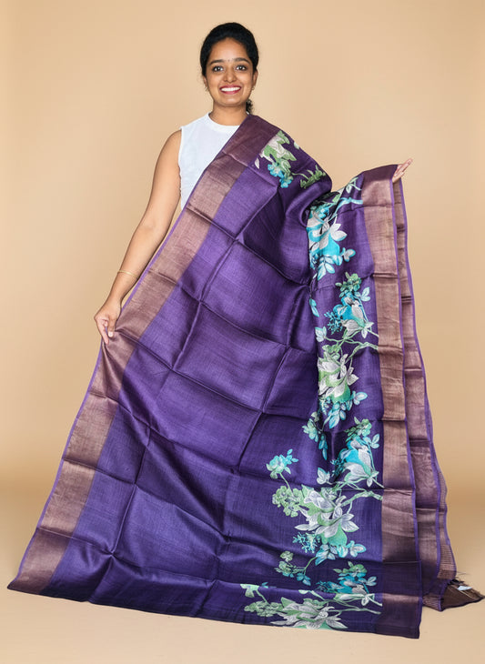 Violet Tussar Silk Saree with Prints