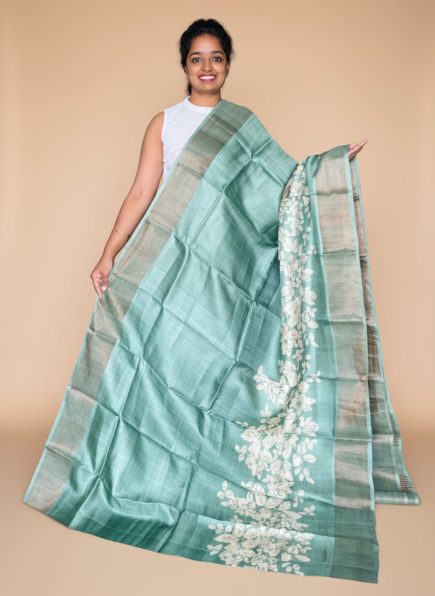 Olive Green Tussar Silk Saree with Prints