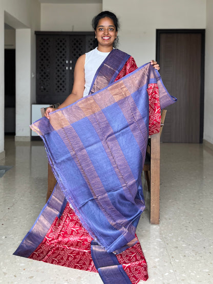Red and Violet Tussar Silk Saree with Prints