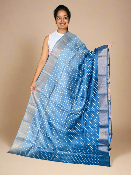 Blue Tussar Silk Saree with Prints