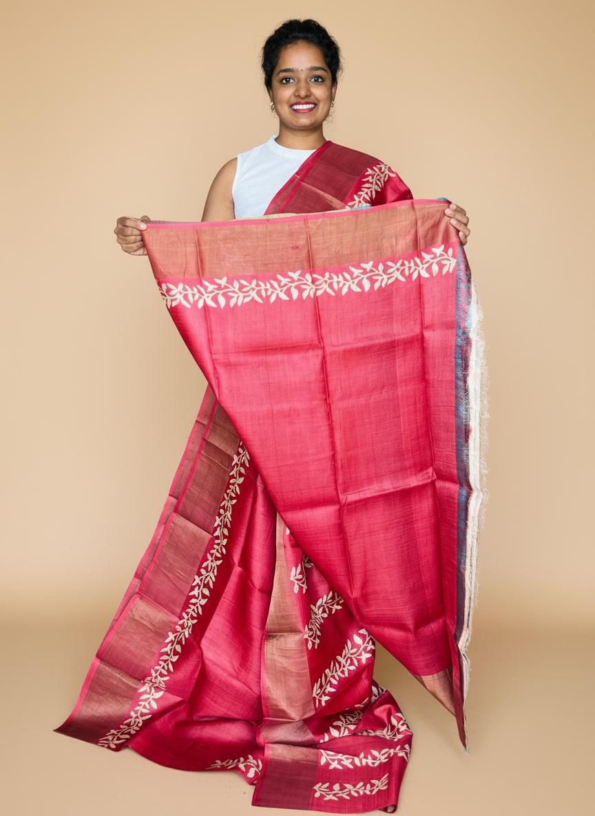 Red Tussar Silk Saree with Prints