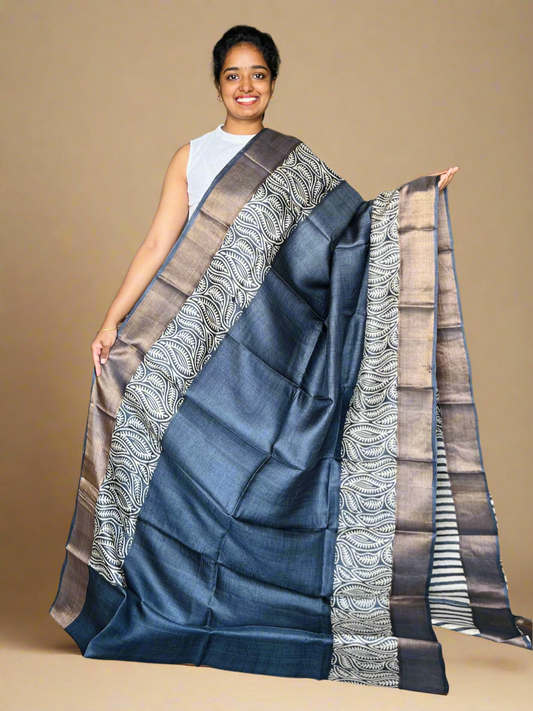 Black Tussar Silk Saree with Prints