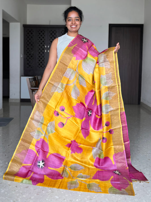 Mustard Tussar Silk Saree with Prints