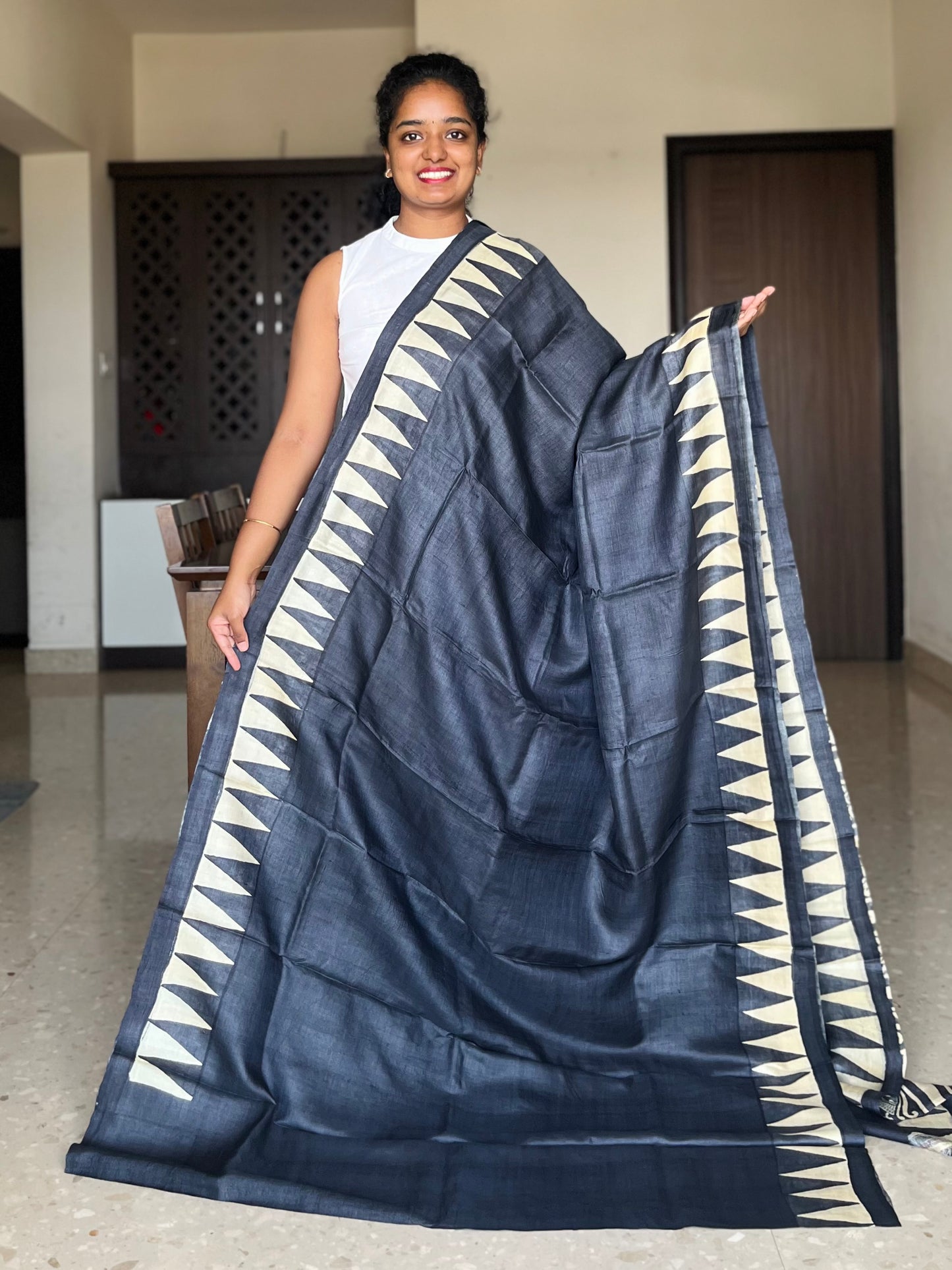 Black and White Tussar Silk Saree with Prints