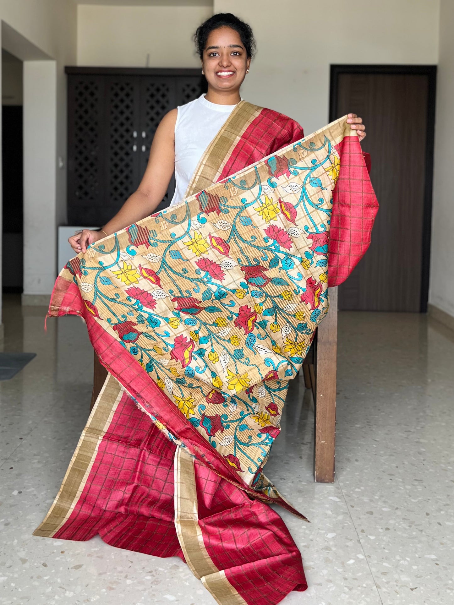 Red and Cream Tussar Silk Saree with Prints