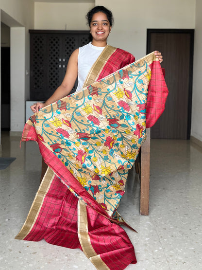 Red and Cream Tussar Silk Saree with Prints
