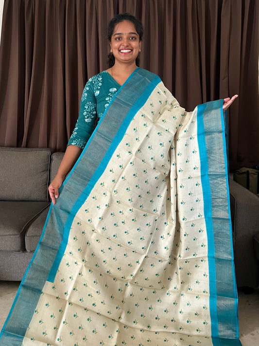 Cream and Blue Tussar Silk Saree with Prints