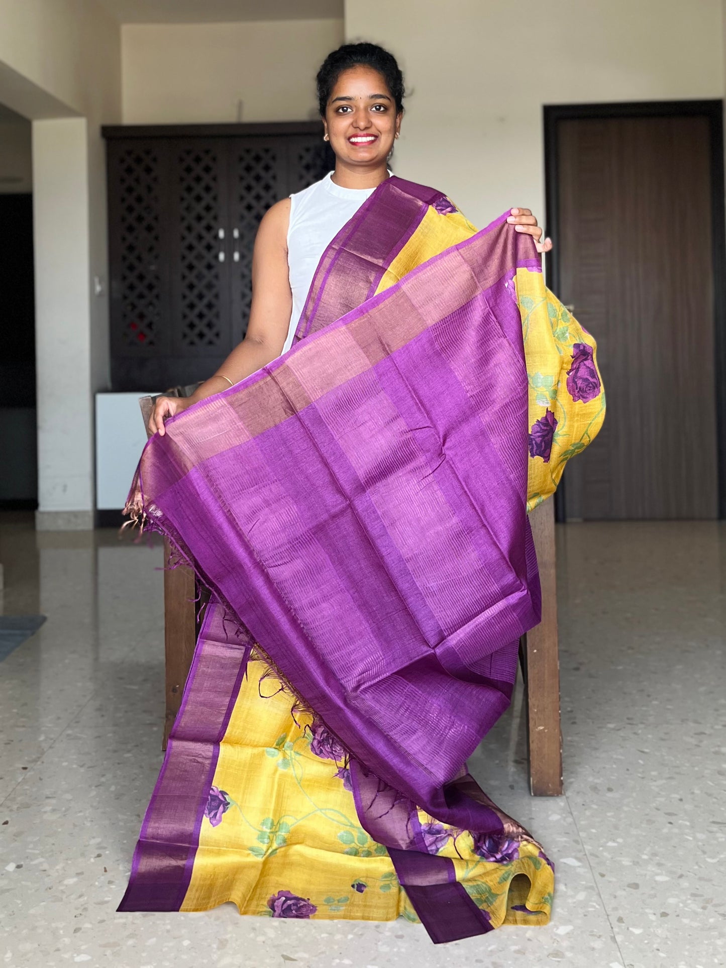 Yellow and Violet Tussar Silk Saree with Prints