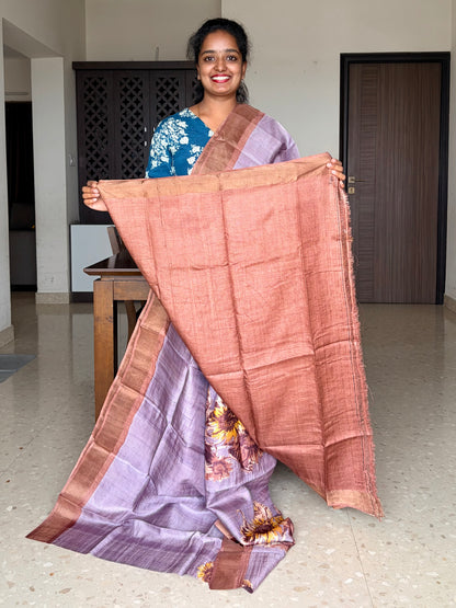 Lilac and Brown Tussar Silk Saree with Prints