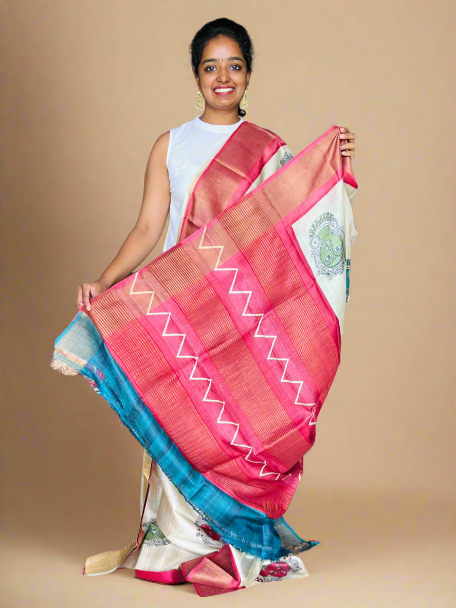 Cream and Red Tussar Silk Saree with Prints