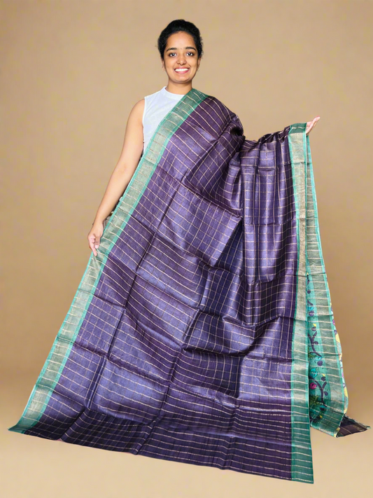 Brinjal Purple and Sea Green Tussar Silk Saree with Printsp