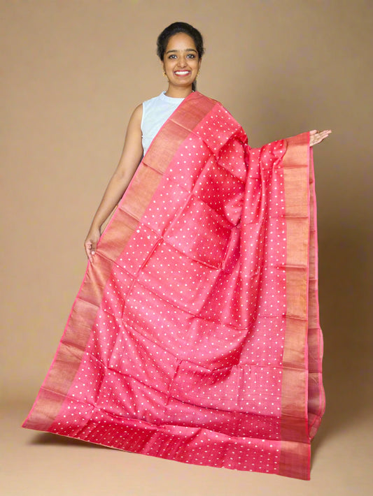 Salmon Pink Tussar Silk Saree with Prints