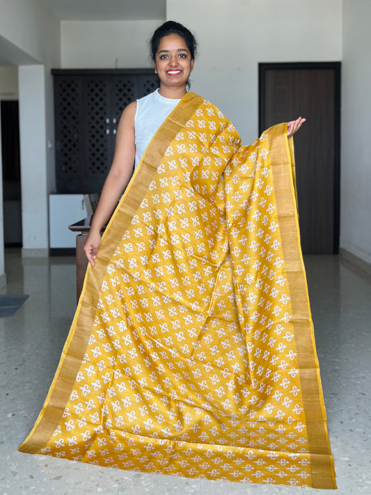 Yellow Tussar Silk Saree with Prints