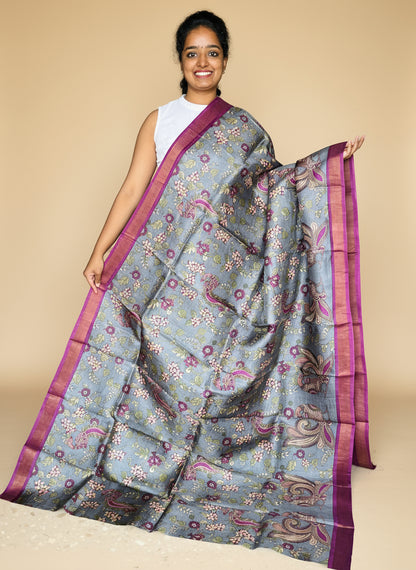 Grey and Magenta Tussar Silk Saree with Prints