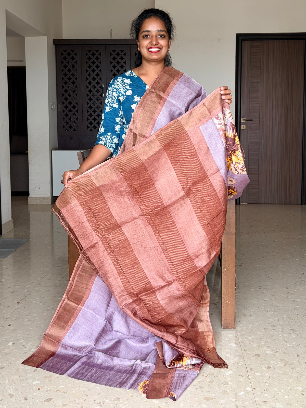 Lilac and Brown Tussar Silk Saree with Prints