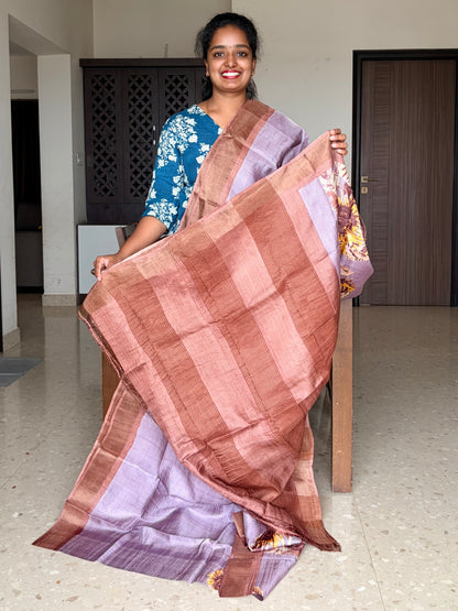 Lilac and Brown Tussar Silk Saree with Prints