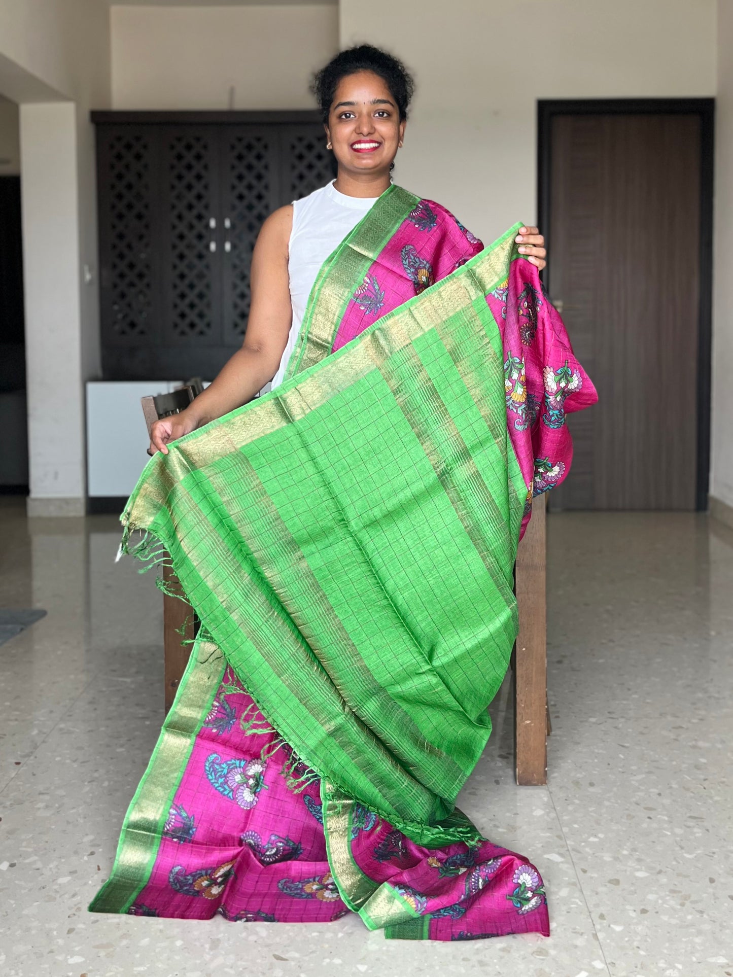 Magenta and Green Tussar Silk Saree with Prints