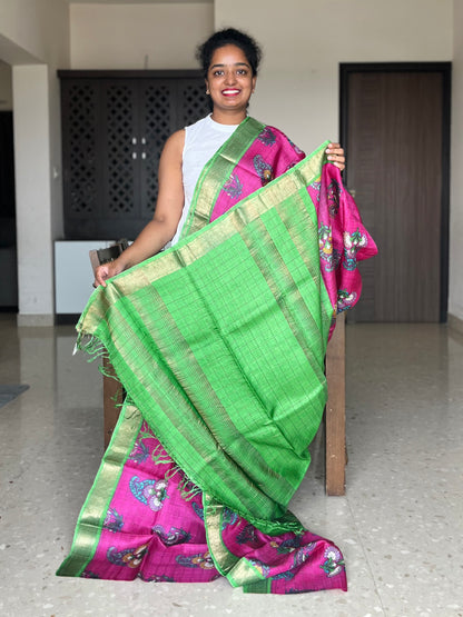 Magenta and Green Tussar Silk Saree with Prints