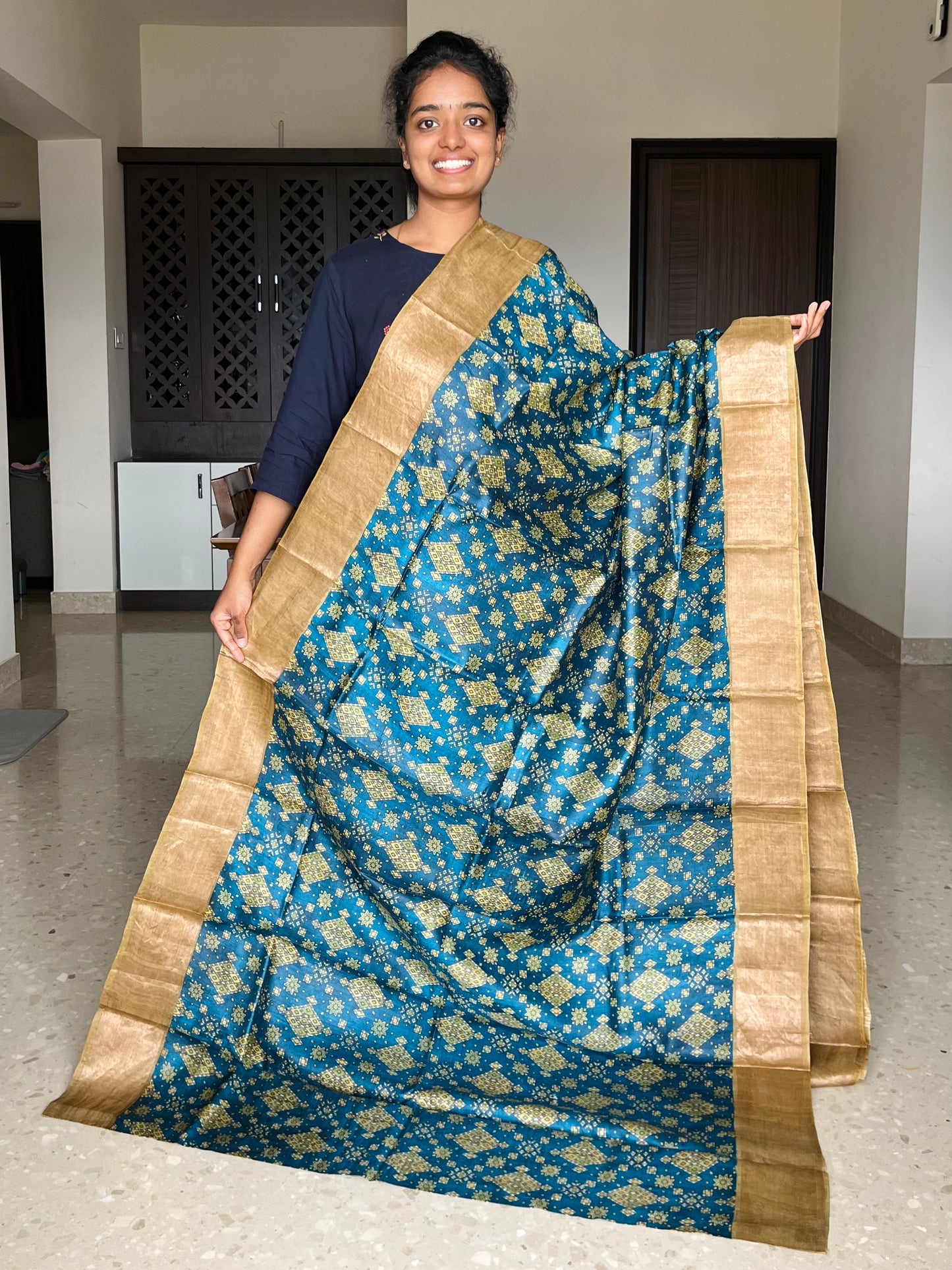 Royal Blue and Gold Tussar Silk Saree with Prints