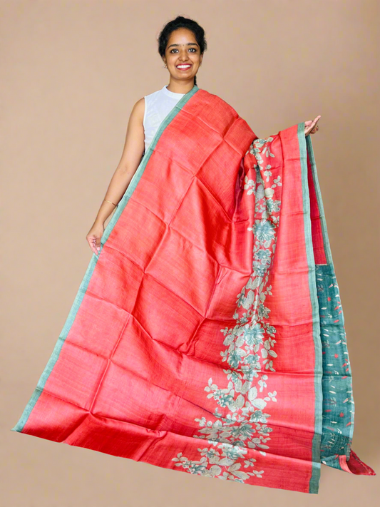 Red and Olive Green Tussar Silk Saree with Prints
