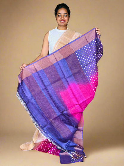 Cream Pink and Purple Tussar Silk Saree with Prints