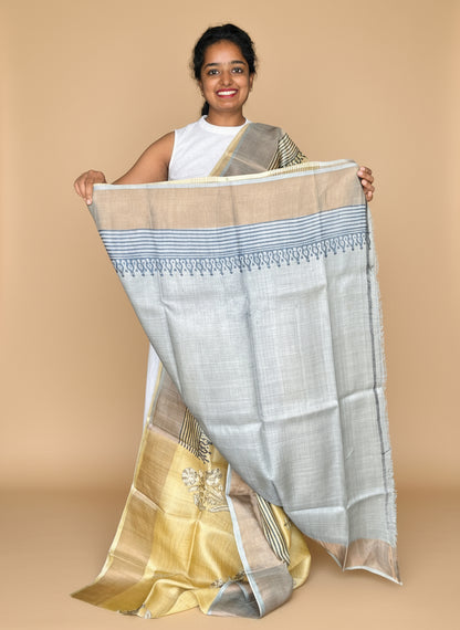 Yellow and Grey Tussar Silk Saree with Prints