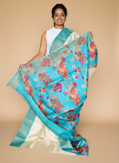 Cream and Blue Tussar Silk Saree with Prints