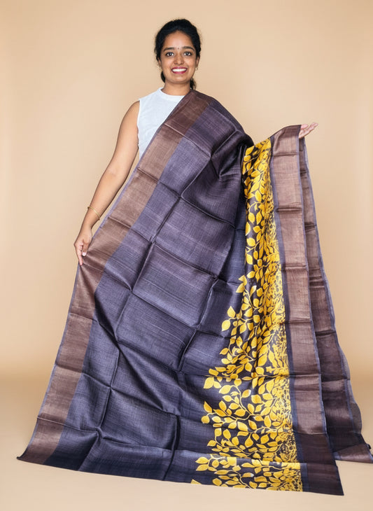 Brown and Yellow Tussar Silk Saree with Prints