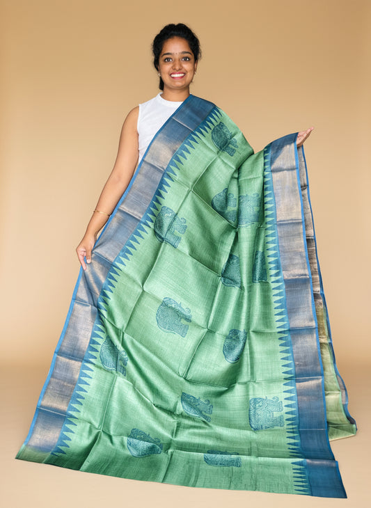 Green and Blue Tussar Silk Saree with Prints