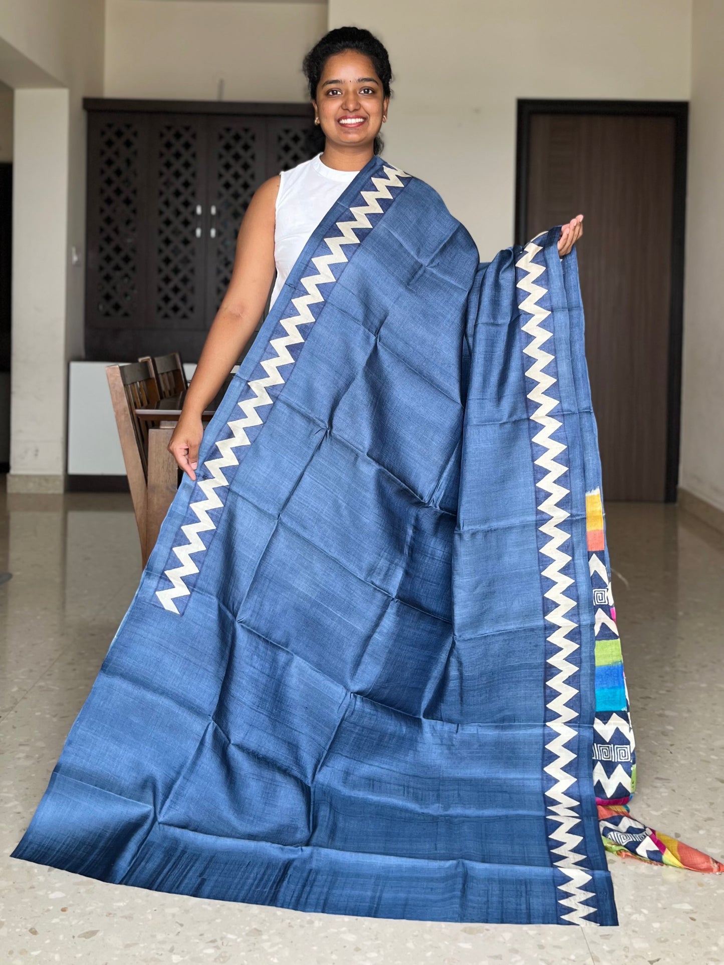 Blue Tussar Silk Saree with Prints