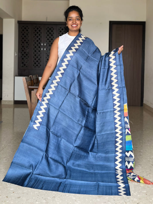 Blue Tussar Silk Saree with Prints