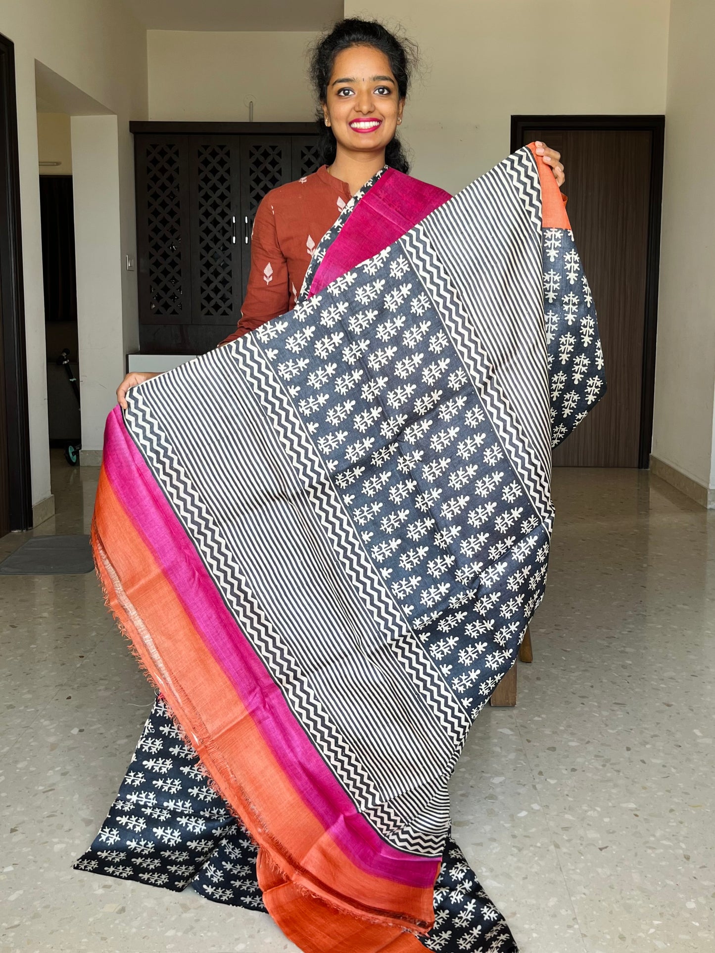 Black, Pink and Orange Tussar Silk Saree with Prints