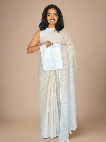 Cream Linen Saree With Woven Stripes