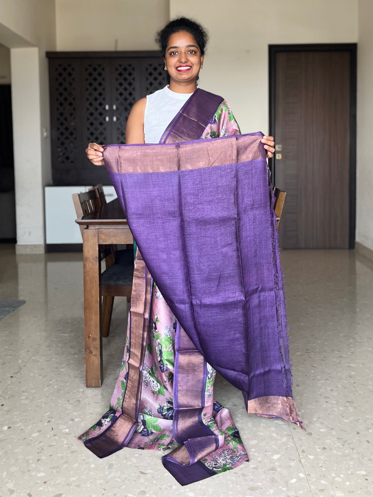 Lilac Tussar Silk Saree with Prints