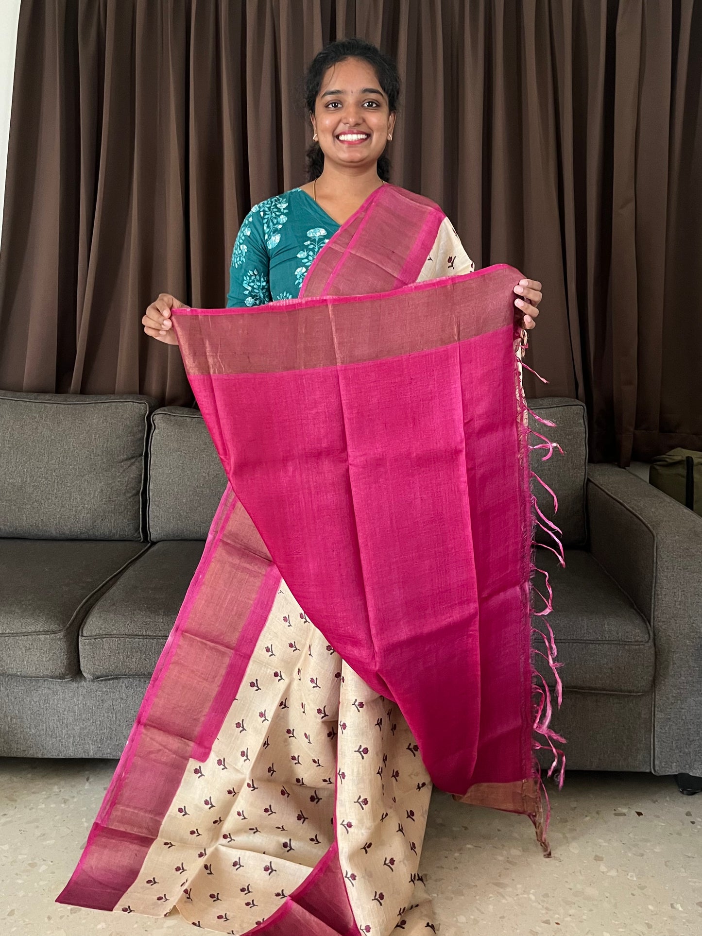Cream and Magenta Tussar Silk Saree with Prints