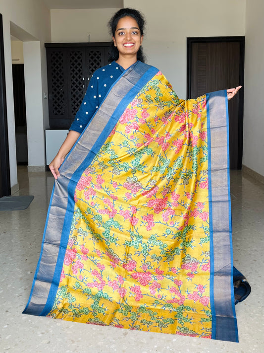 Yellow and Navy Blue Tussar Silk Saree with Prints