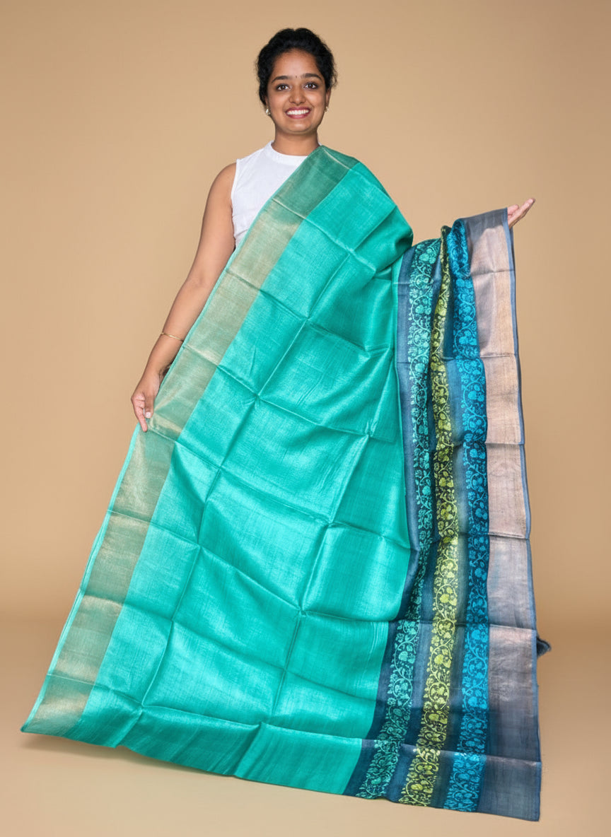 Green Tussar Silk Saree with Prints