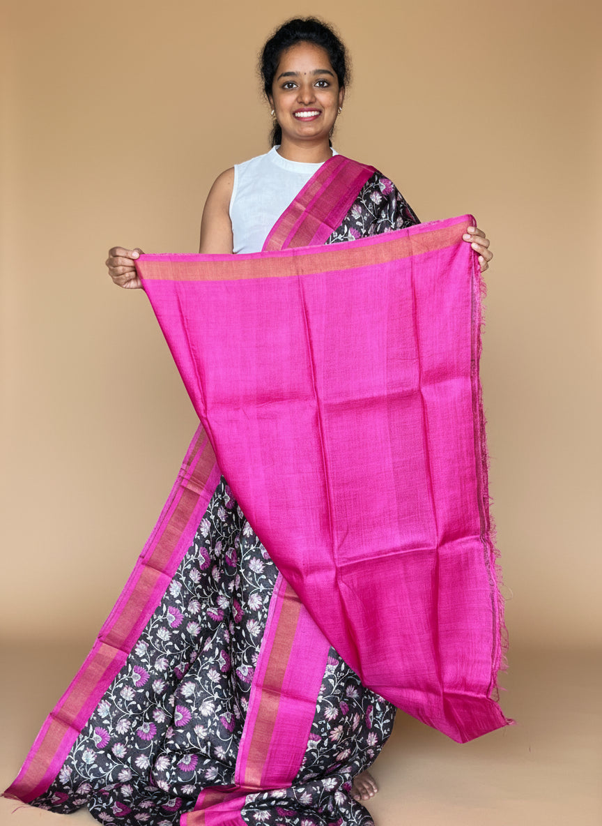 Black and Magenta Tussar Silk Saree with Prints