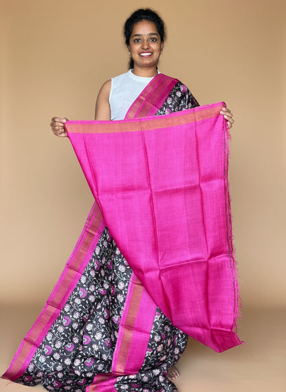 Black and Magenta Tussar Silk Saree with Prints