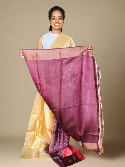 Sandal and Maroon Tussar Silk Saree with Print
