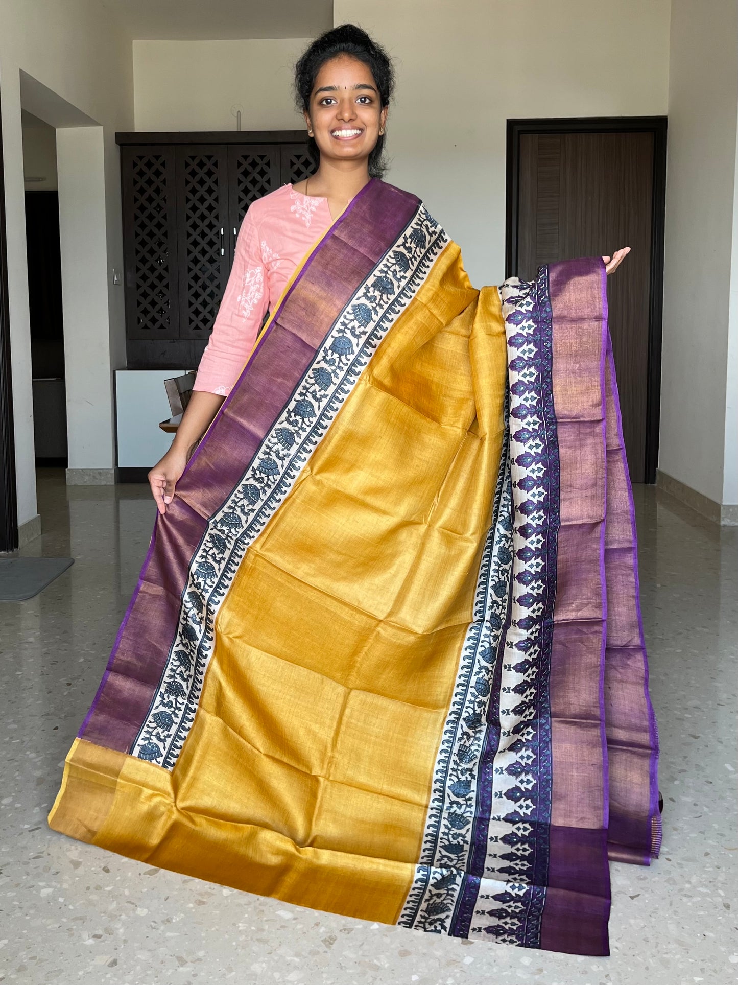 Yellow and Violet Tussar Silk Saree with Prints