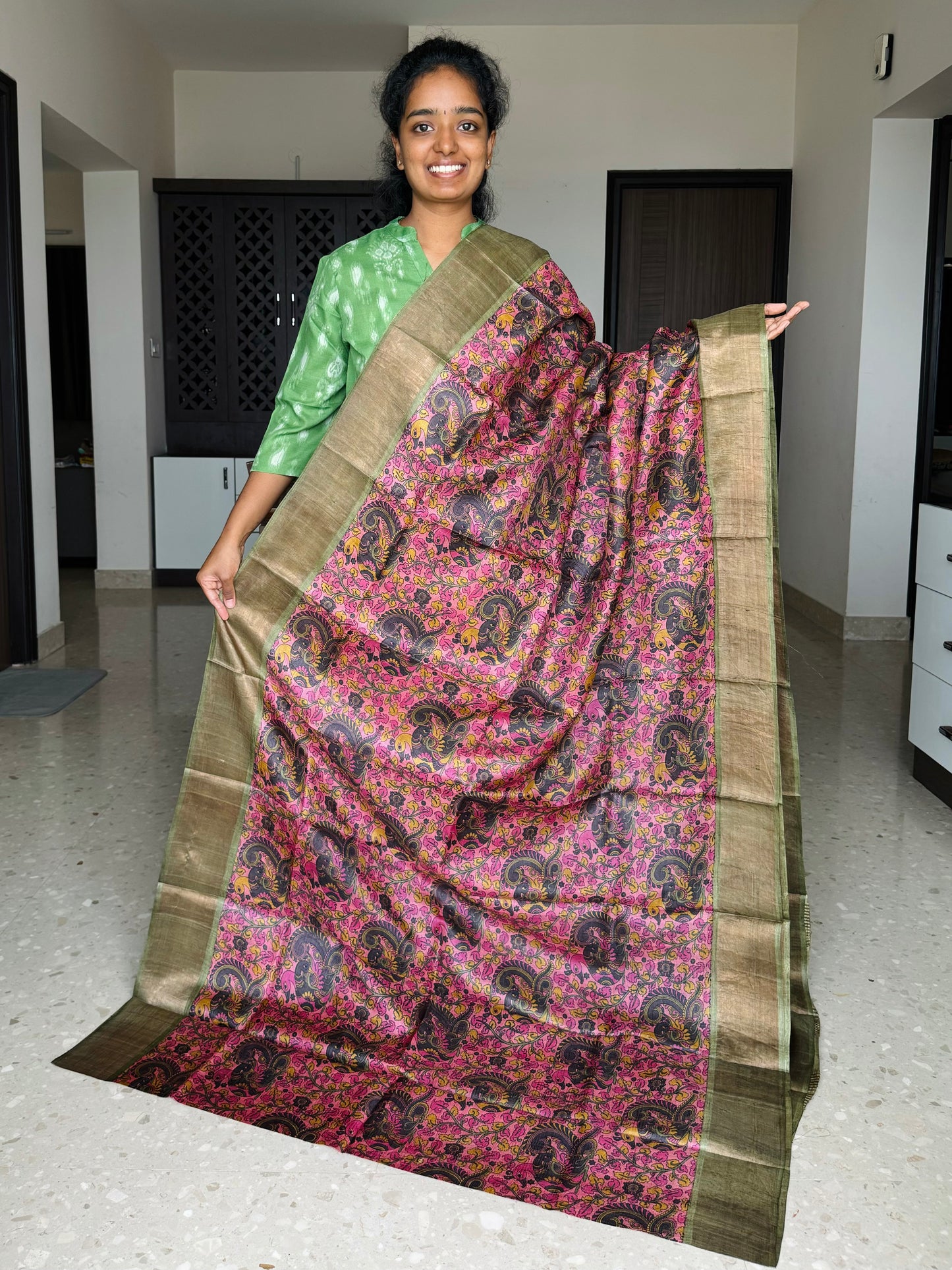 Peach and Olive Green Tussar Silk Saree with Prints