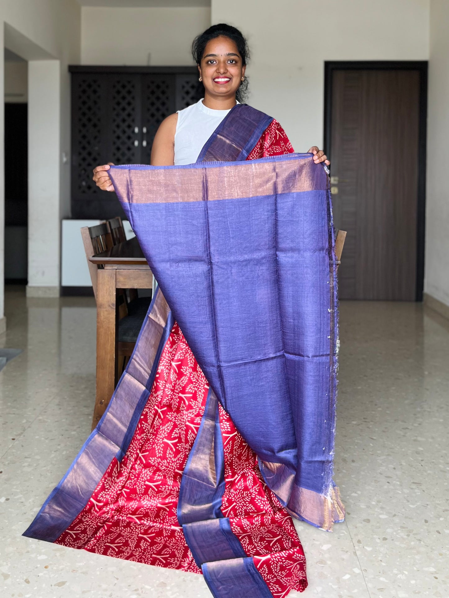 Red and Violet Tussar Silk Saree with Prints