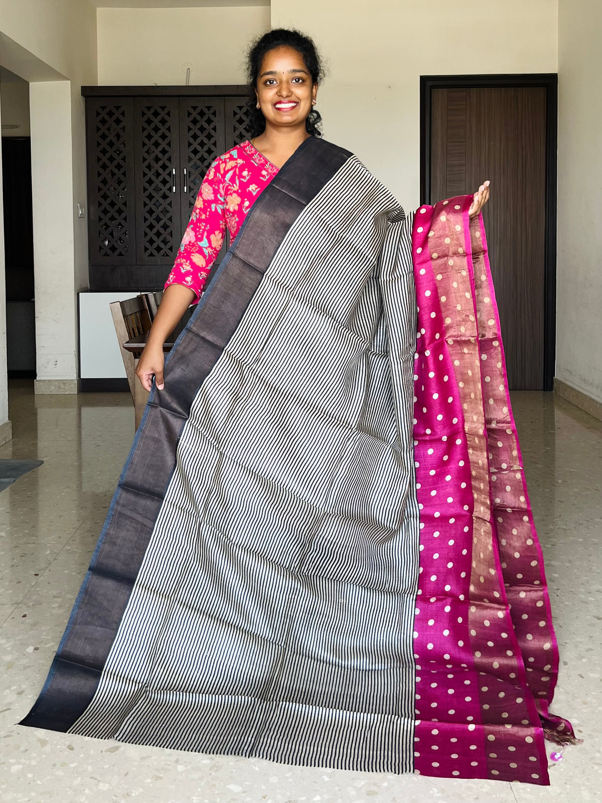 Black and Magenta Tussar Silk Saree with Prints